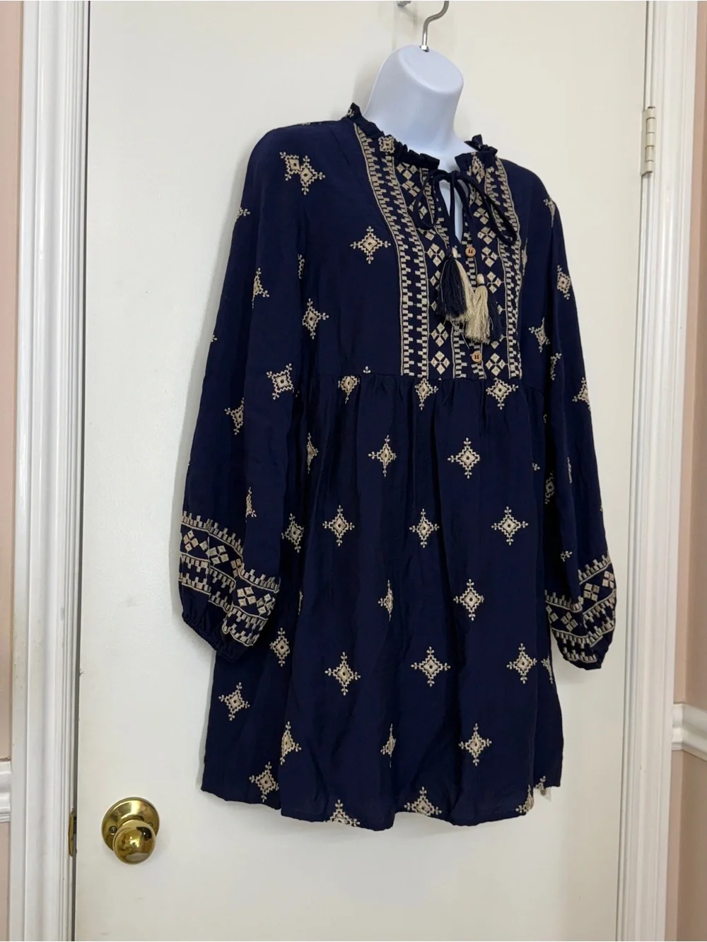 NWT Camellia Embroidered Boho Mini Dress - Size S Tassel Tie Neck- Navy - Picture 4 of 13